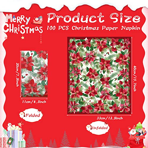 100 Pcs Christmas Poinsettia Paper Napkins Vintage Poinsettia Floral Guest Dinner Napkins Merry Christmas Cocktail Napkins for Xmas Holiday Home Kitchen Christmas Party Supplies - Thumbnail 2