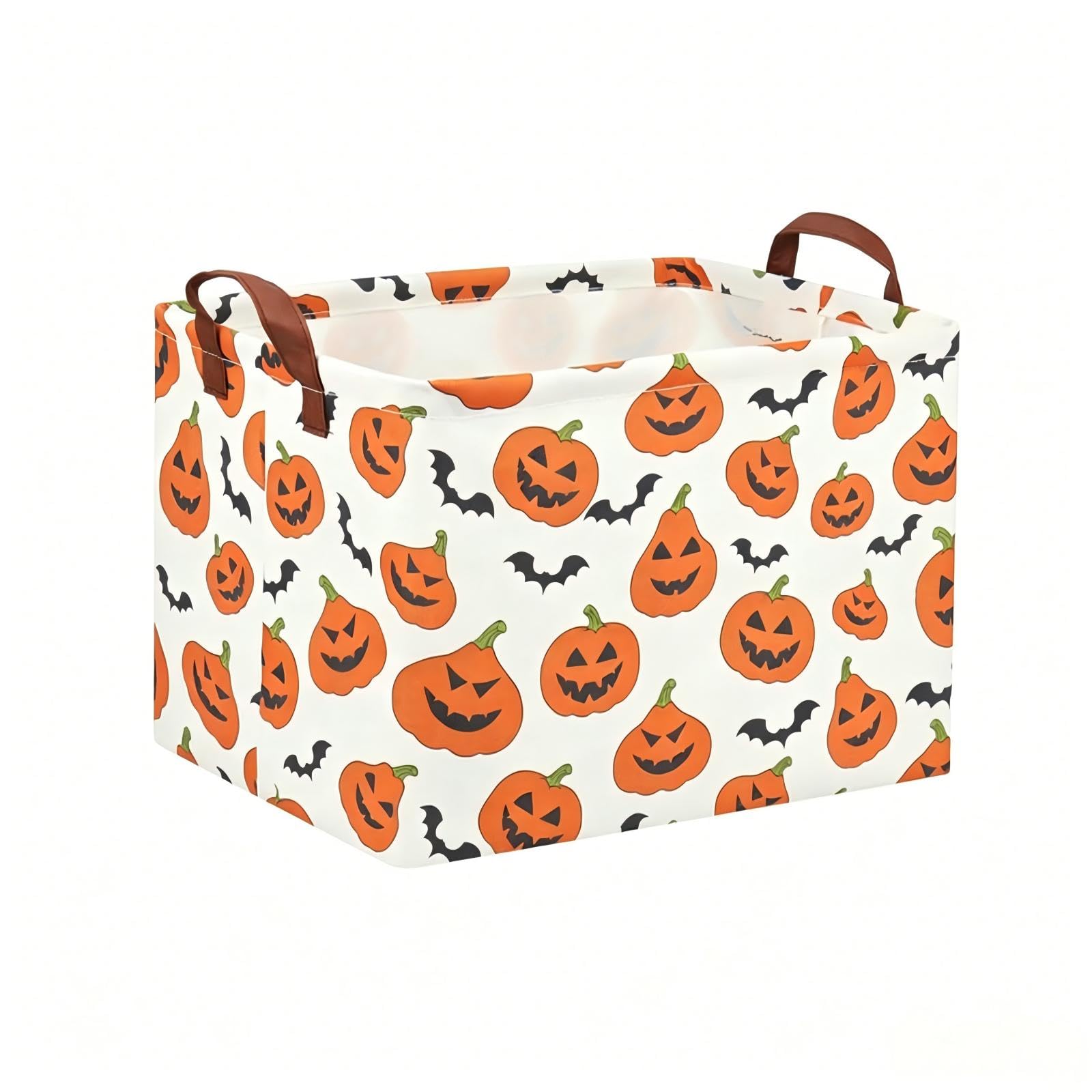 Halloween Bat Pumpkin Storage Basket, Large Rectangular Fabric Organiser Bin with Leather Handles, Foldable Toy Clothes Storage Box for Home Bedroom Halloween Party Decor (Pumpkin)