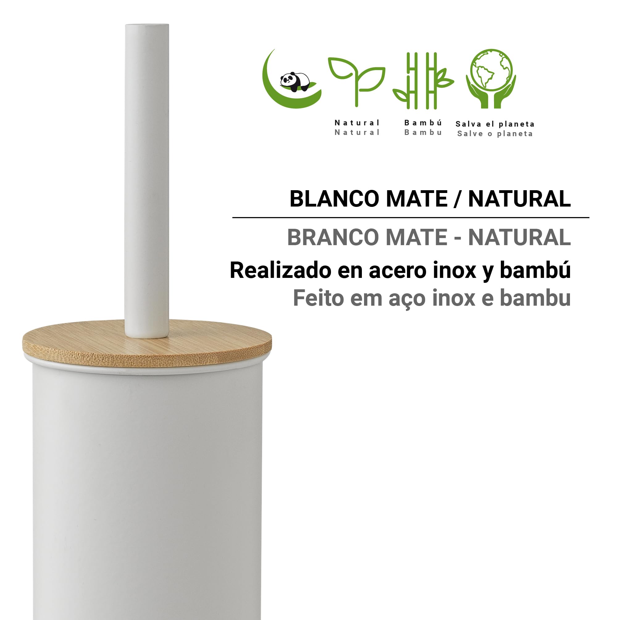 Gedy KENTA - Scopino Per WC In Acciaio Inox E Bambù, Finitura Bianco Opaco, Con Contenitore Interno Rimovibile, 9x9x39 Cm