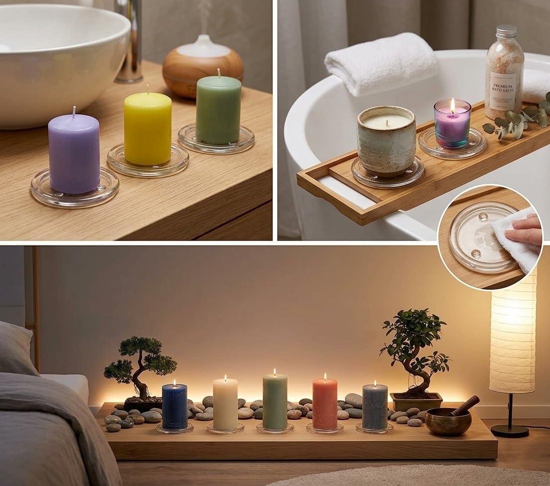 Hosley's Set of 8 Clear Glass Pillar Plates - 4 Inch Diameter. Ideal Gift for Weddings, Parties, Spa, Pillar Candle, Votive Candle Garden. Or as a Pedestal W1