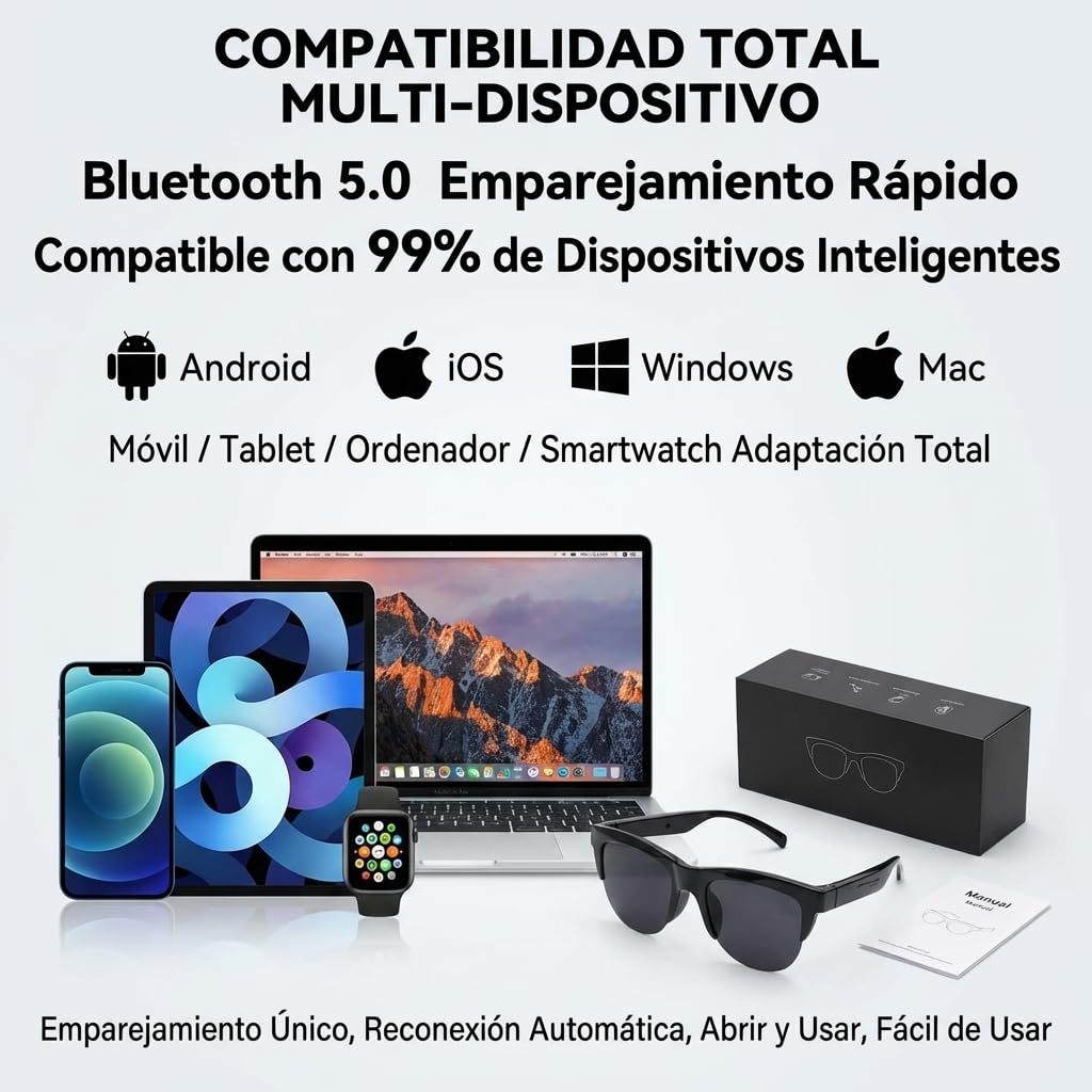 Genérico Gafas Inteligentes de Sol Bluetooth con IA y Traducción de Voz,Smart Glasses Audio para Llamadas y Música, Micrófono Antirruido para Bici y Running, Compatibles con iOS y Android - Negro