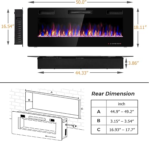 Miniatura 4 de COSTWAY Chimenea eléctrica de 50 pulgadas, 750 W1500 W empotrada en pared y montaje con control remoto, 12 colores de llama, 5 ajustes de brillo,