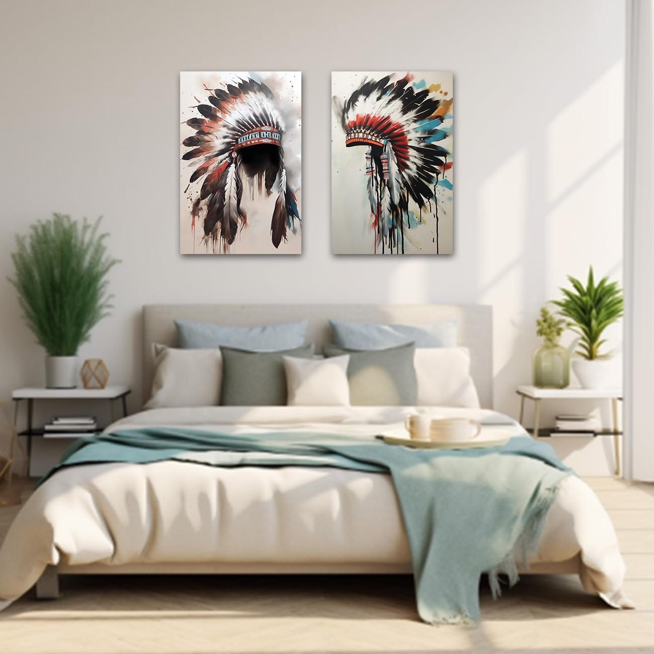 CXHOSTENT Native American Wall Art 2 Pieces Indian Chief Feather Headdress Canvas Prints Tribal Theme Poster Vintage Artwork for Home Decor Framed (C, 11.00"x14.00"x2P)