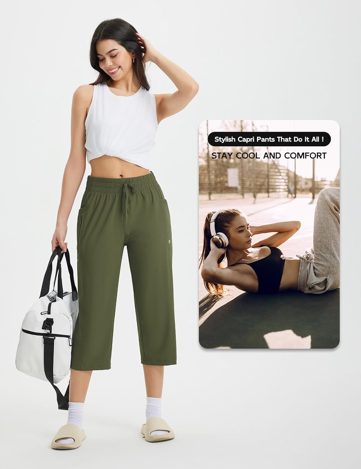 baleaf Women's Athletic Capri Pants Lightweight Quick Dry Stretch Zipper Pocket Travel Casual Outdoor UPF 50+