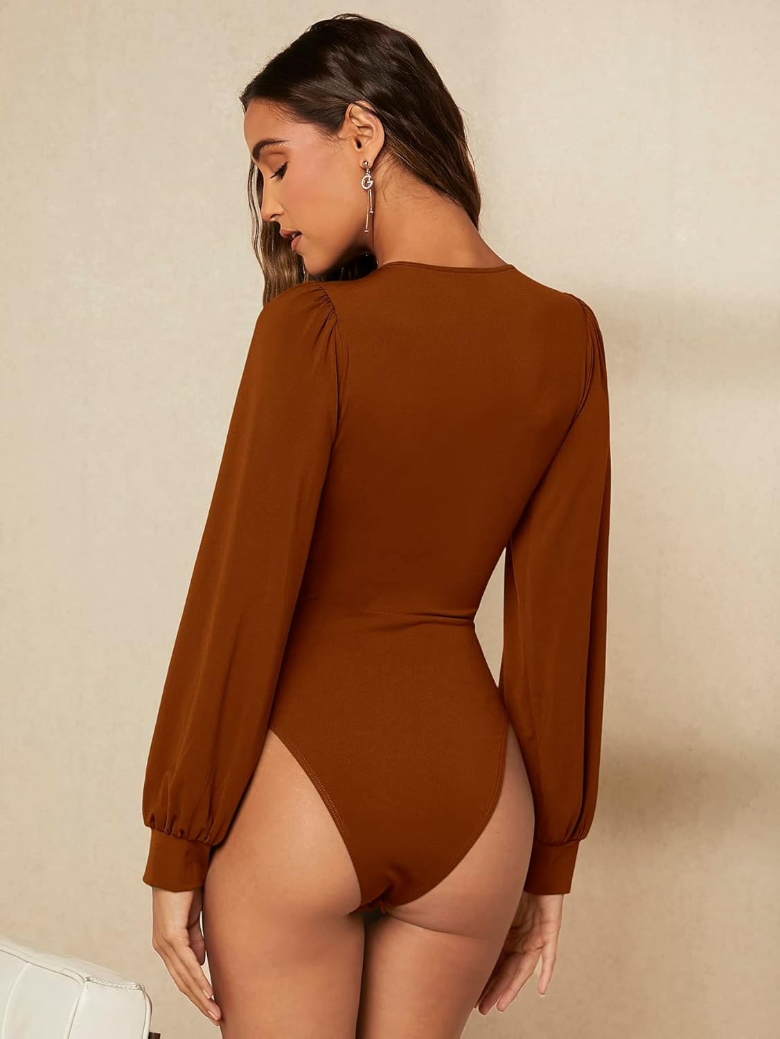 WDIRARA Women's Deep V Neck Ribbed Bodysuit Long Sleeve Skinny Bodycon Basic Bodysuit Tops - Image 2