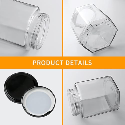 Miniatura 3 de Woaiwo-q Tarros de cristal hexagonales transparentes, 12 onzas, paquete de 12 tarros de miel hexagonales de cristal con tapas negras, palos de miel