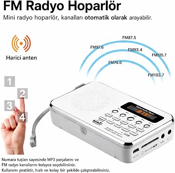 L-938 Şarjlı Taşınabilir FM Radyo | Dijital Ekranlı | USB/TF/SD/AUX Destekli | BL-5C Bataryalı Cep Radyosu (Beyaz)