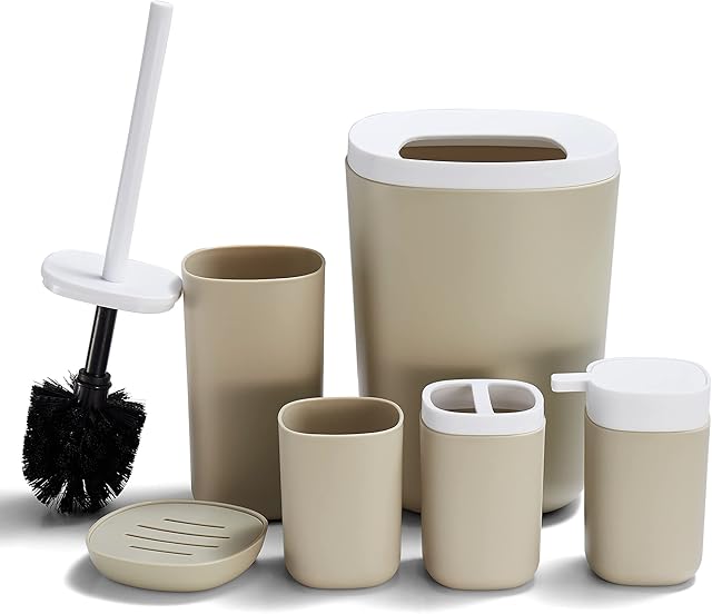 DUFU Bathroom Accessory Set, 6 Pieces Plastic Bath Accessories, Modern Vanity Organiser Kit, Contain Toilet Brush, Toothbrush Holder, Plastic Cup, Soap Dish, Trash Can, Lotion Dispenser Beige