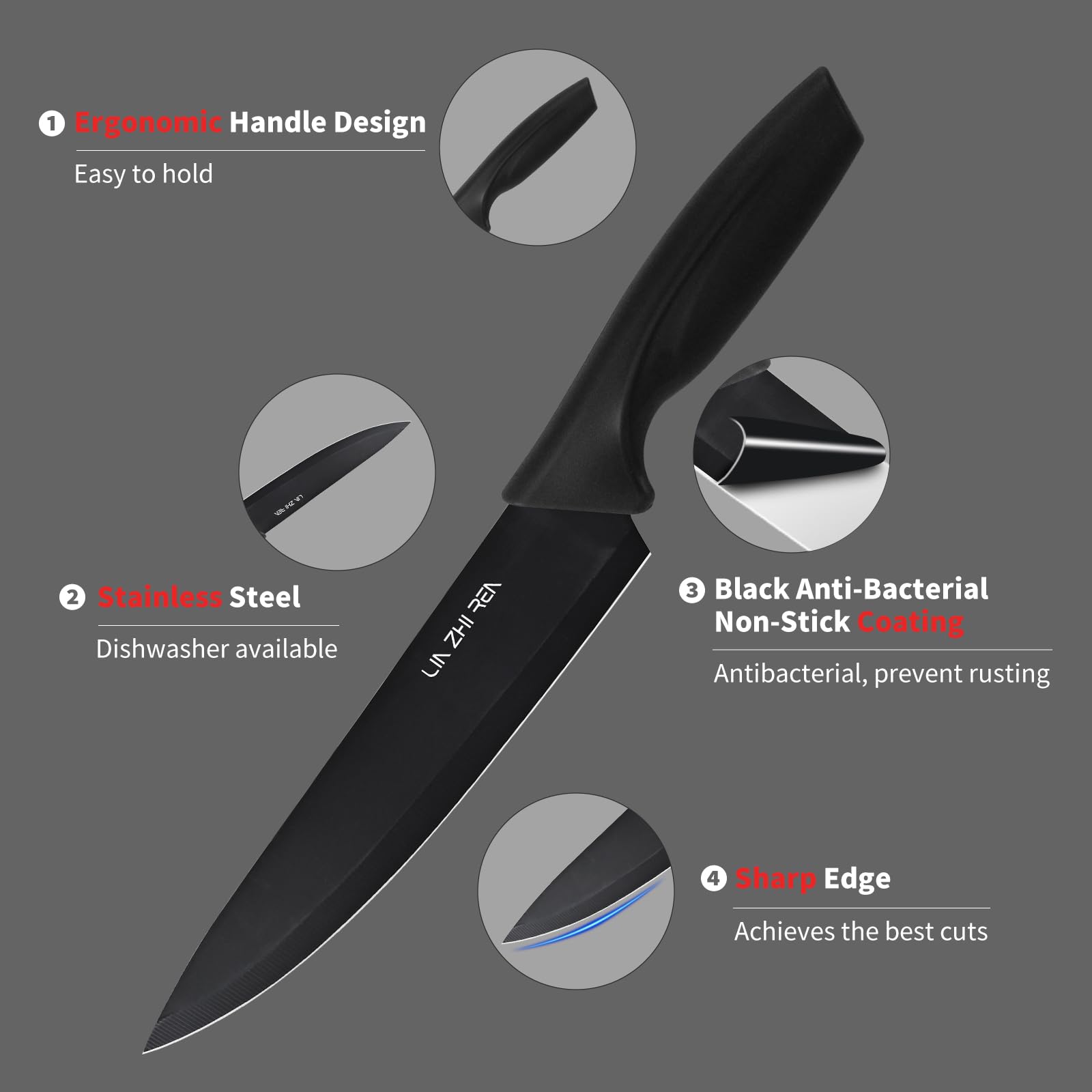 Set di coltelli con blocco, set di coltelli da cucina da 15 pezzi, affilatore incorporato, coltelli da cucina per tritare, affettare, tagliare a dadini, lavabili in lavastoviglie, nero