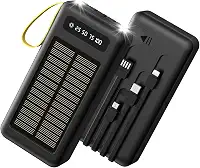 Power Bank 20000mah com Lanterna Carregador Portatil Solar com 4 Cabos Integrados 2 Entradas Externo Bateria Portatil com Display de Energia em LED para Camping de Viagens