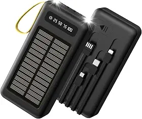 Power Bank 20000mah com Lanterna Carregador Portatil Solar com 4 Cabos Integrados 2 Entradas Externo Bateria Portatil com Display de Energia em LED para Camping de Viagens