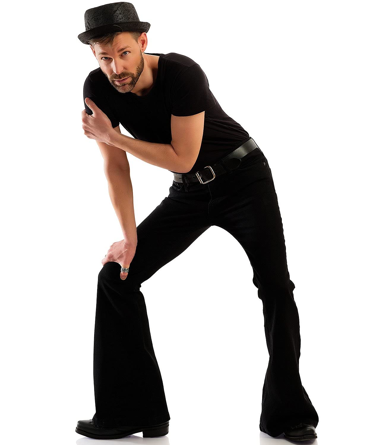 Comycom Herren Jeans Schlaghose BlackBlack schwarz - Dunkle Flared-Jeans für Männer im Retro 70er-Jahre Style, Hippie Bootcut-Jeans mit großem Schlag