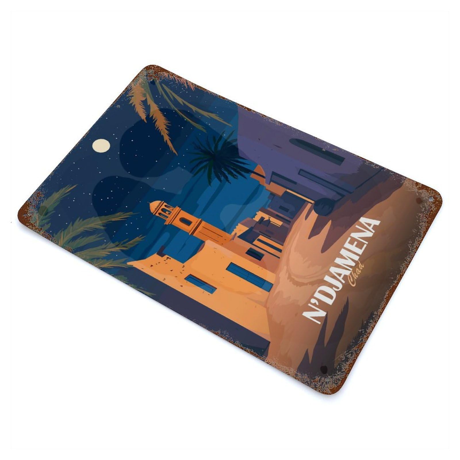 NDjamena Chad Nightscape Illustration Decorative Tin Sign 11.8"x7.9", Ideal for Cafe, Home Bar And Lounge Decor