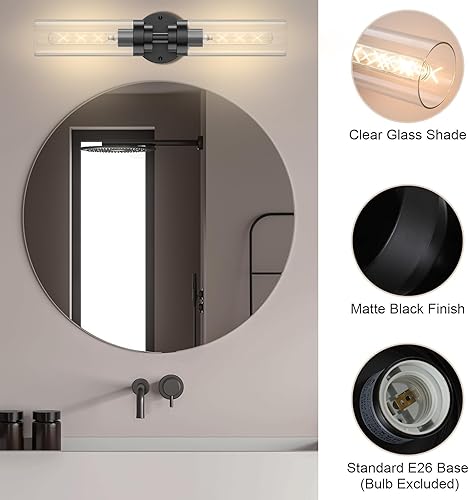 Miniatura 5 de Lámparas de baño negras con vidrio transparente, 2 lámparas de pared modernas para espejo, iluminación de pared para sala de estar, dormitorio,
