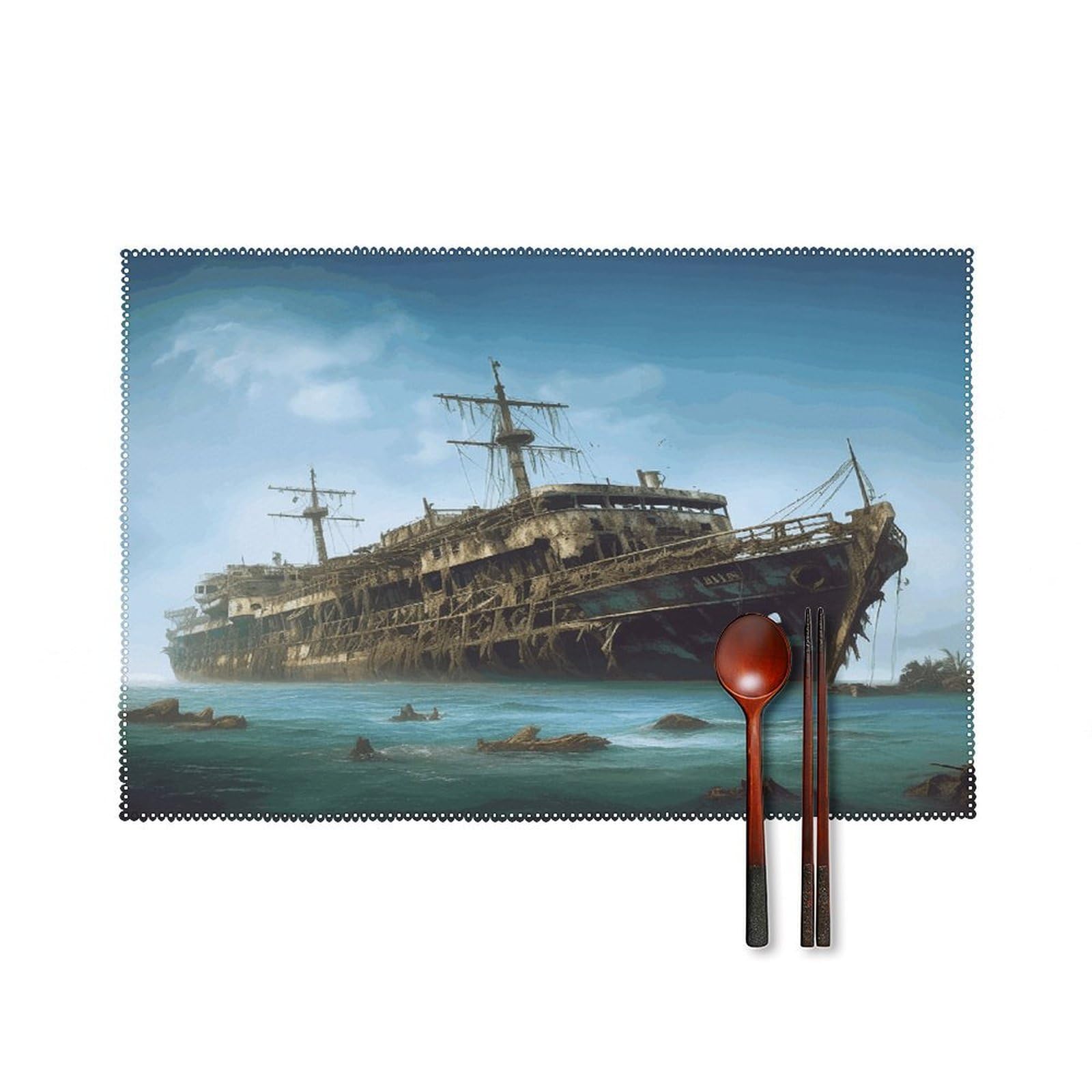 Abandoned Cruise Ship at Sea Placemats Set of 4 Non-Slip Heat Resistant Table Mats Canvas Washable Cloth Place Mats Easy to Clean Premium Placemat for Kitchen Dining Table Decoration