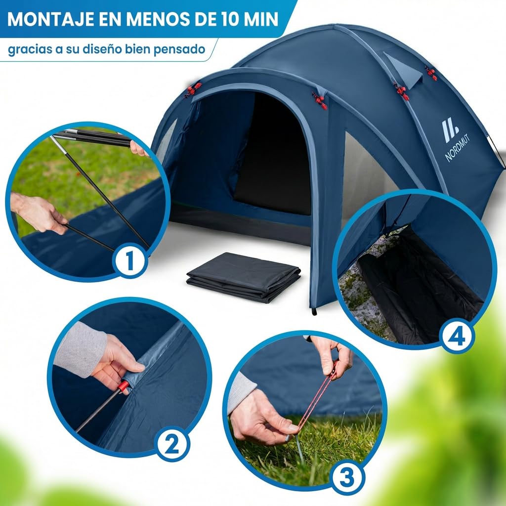 NORDMUT® Tienda de Camping 4 Personas Impermeable & Ligera – Tienda Cúpula con Vestíbulo Cerrable – Tienda 2-4 Personas con Excelente Circulación de Aire & Tamaño Compacto