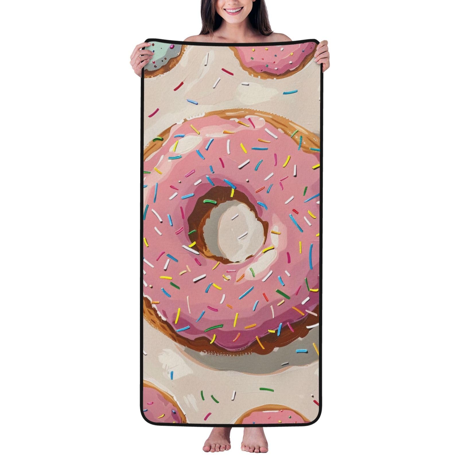 WPKJU Donuts Printed Bath Towel with Black Edging - 27x55 in Soft Extra Absorbent Coral Velvet Shower Towels for Bathroom