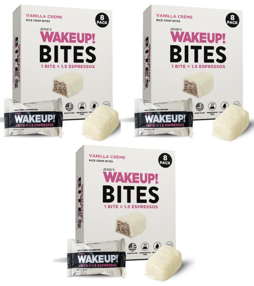 Image of WAKE UP! Caffeinated Vanilla Creme Energy Bites - 175mg Caffeine Per Bar (1.5 Espressos) - Coffee Alternative for Focus, Energy & Gym - Vegetarian, Gluten-Free, Kosher 3 Pack (24 Bites)
