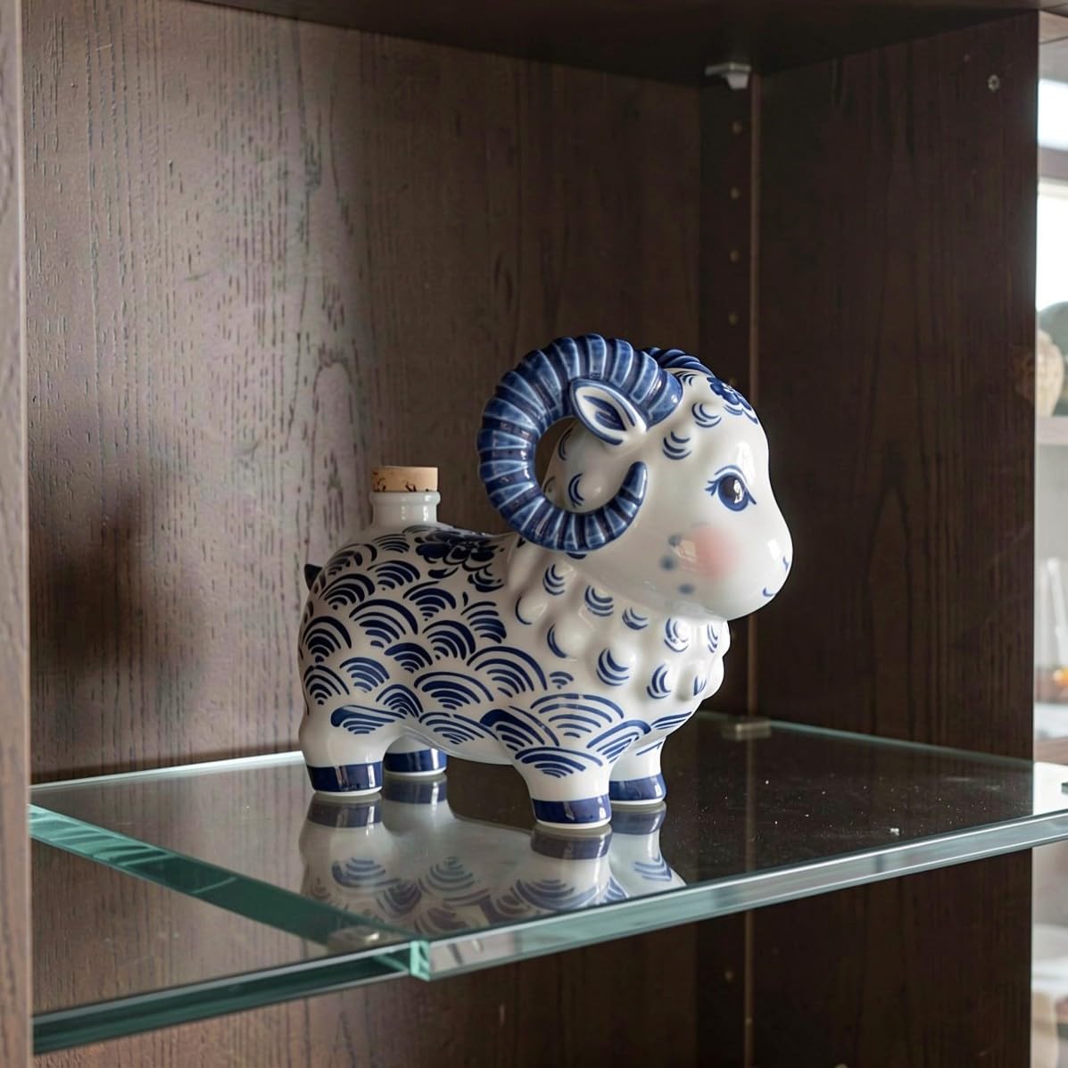IMIKEYA Statuetta Capra in Porcellana Smaltata Blu e Bianca per Tavolo