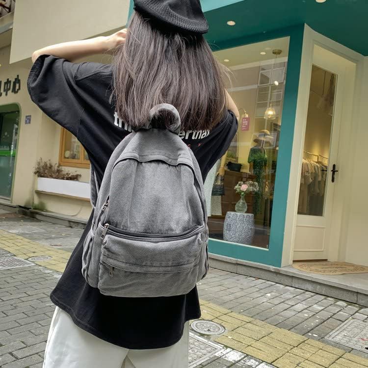 Lightweight Travel Denim Backpack Vintage Daypack Y2K Backpack Multipurpose Adjustable Shoulder Bags for Women Men (Grey) - Image 4