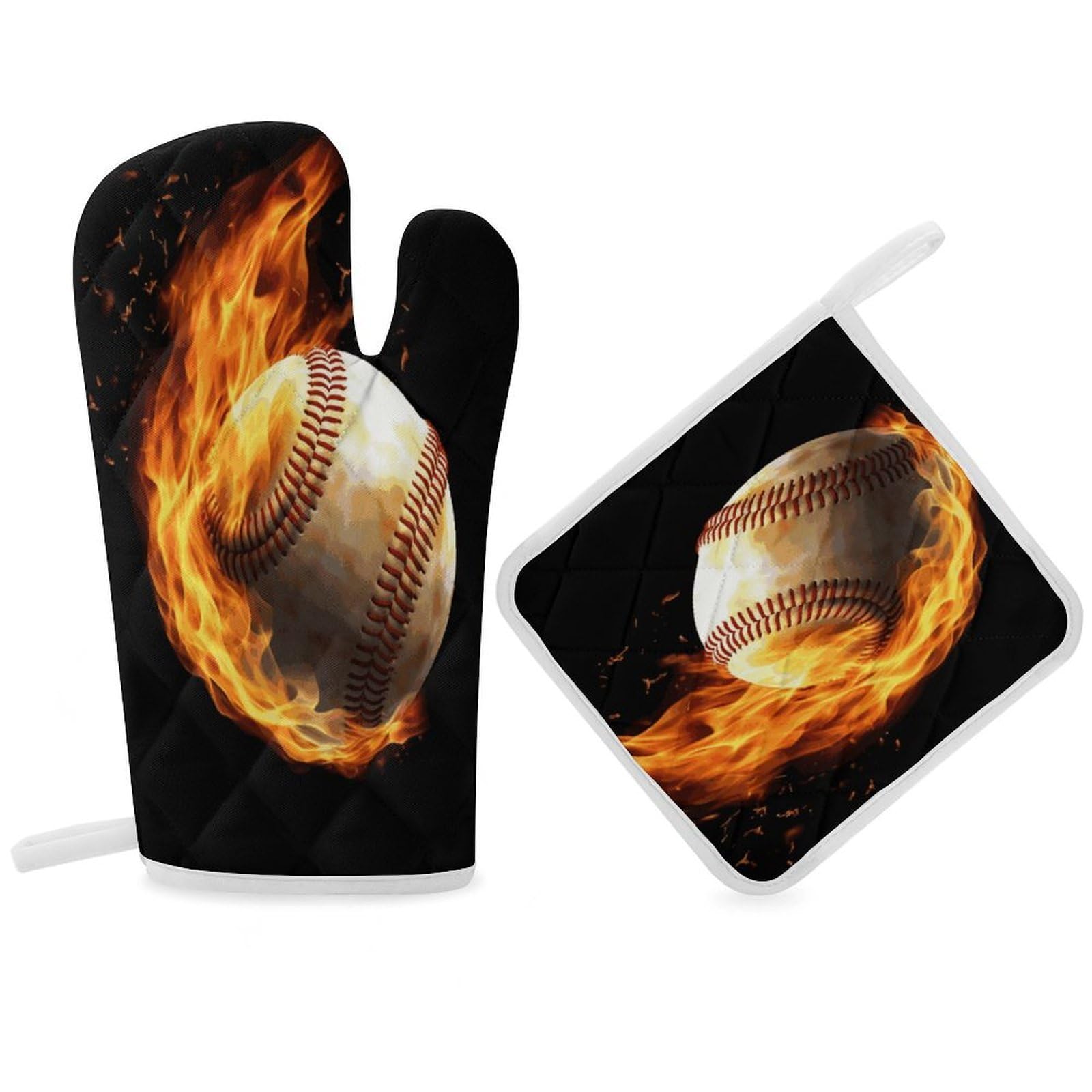 Fodpand Women's Style Fire Baseball Oven Mitts And Pot Holders Sets,Oven Gloves For Kitchen Oven Mitts And Potholders For Baking Cooking Grilling Apartment Essentials