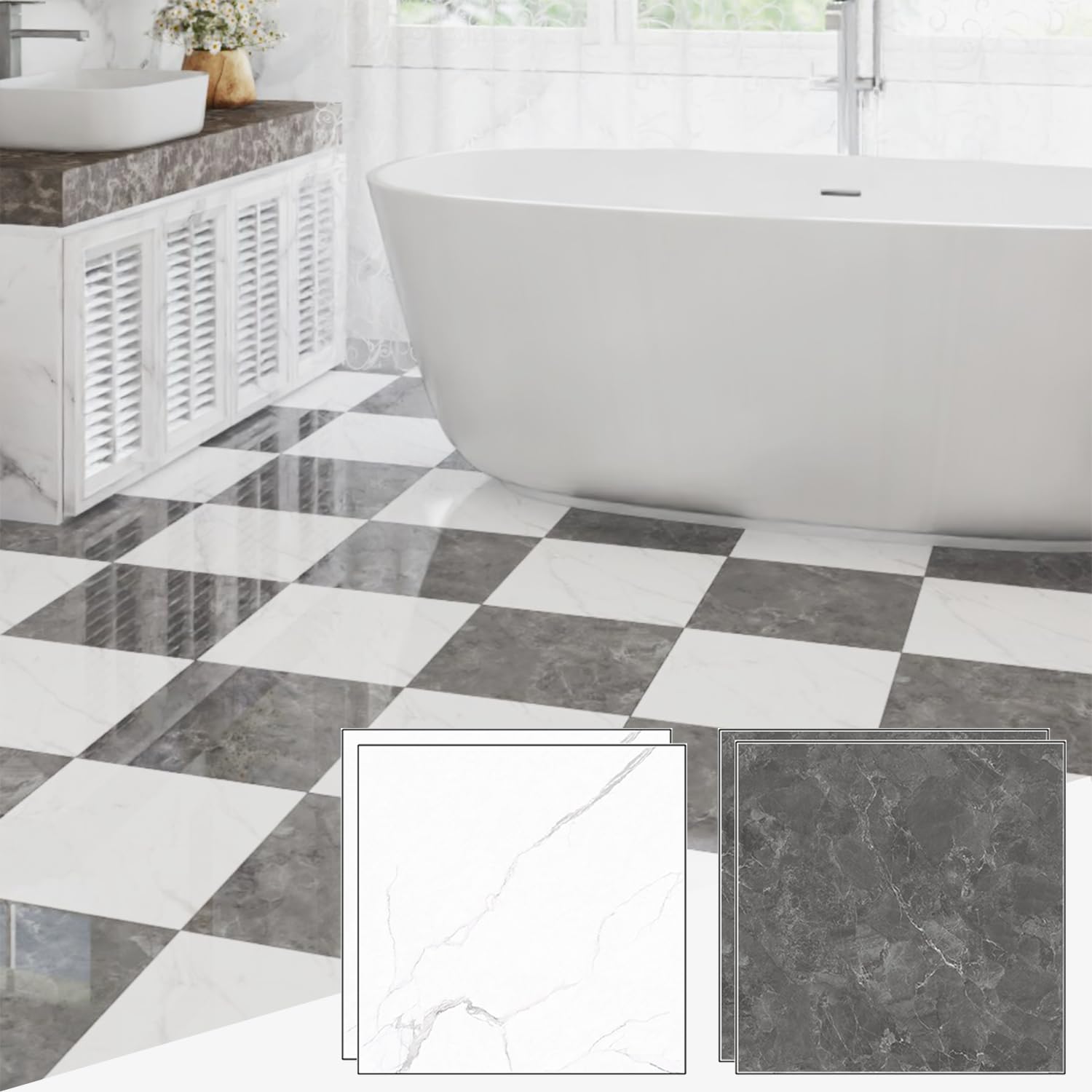 40-Pack 40 Sq.Ft Peel and Stick Floor Tiles Vinyl Glossy Pattern Flooring, 12” x 12” Self Adhesive Vinyl Flooring DIY for Kitchen, Bathroom, Laundry, Polish Dark Grey&White Marble
