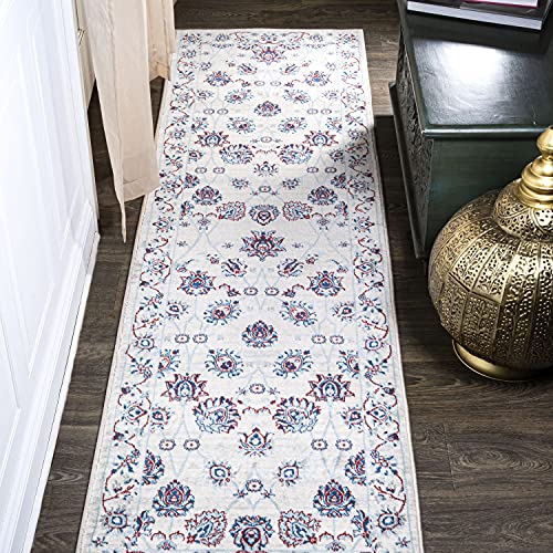 JONATHAN Y Modern Vintage Moroccan Traditional Ivory/Blue/Red Runner Rug, 2x10, Country, Floral, Easy-Cleaning for Living Room, Bedroom, Kitchen, Pet Friendly, Non-Shedding (MDP101D-210)