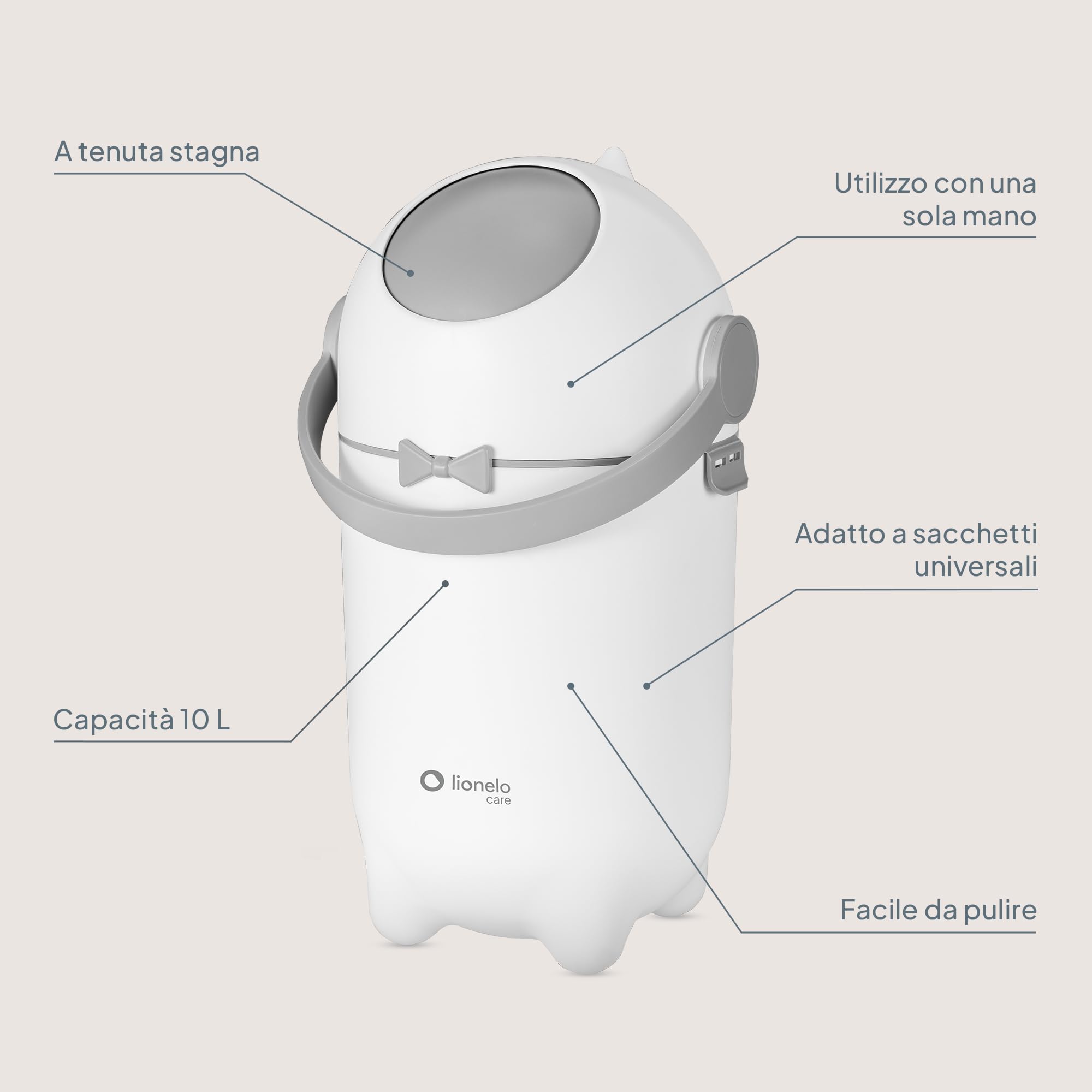 lionelo PUREBIN Mangiapannolini Universale che non lascia uscire gli odori, per sacchetti universali senza ricariche costose, bidone pannolini per neonati, uso con una mano, 10 l (Bianco)