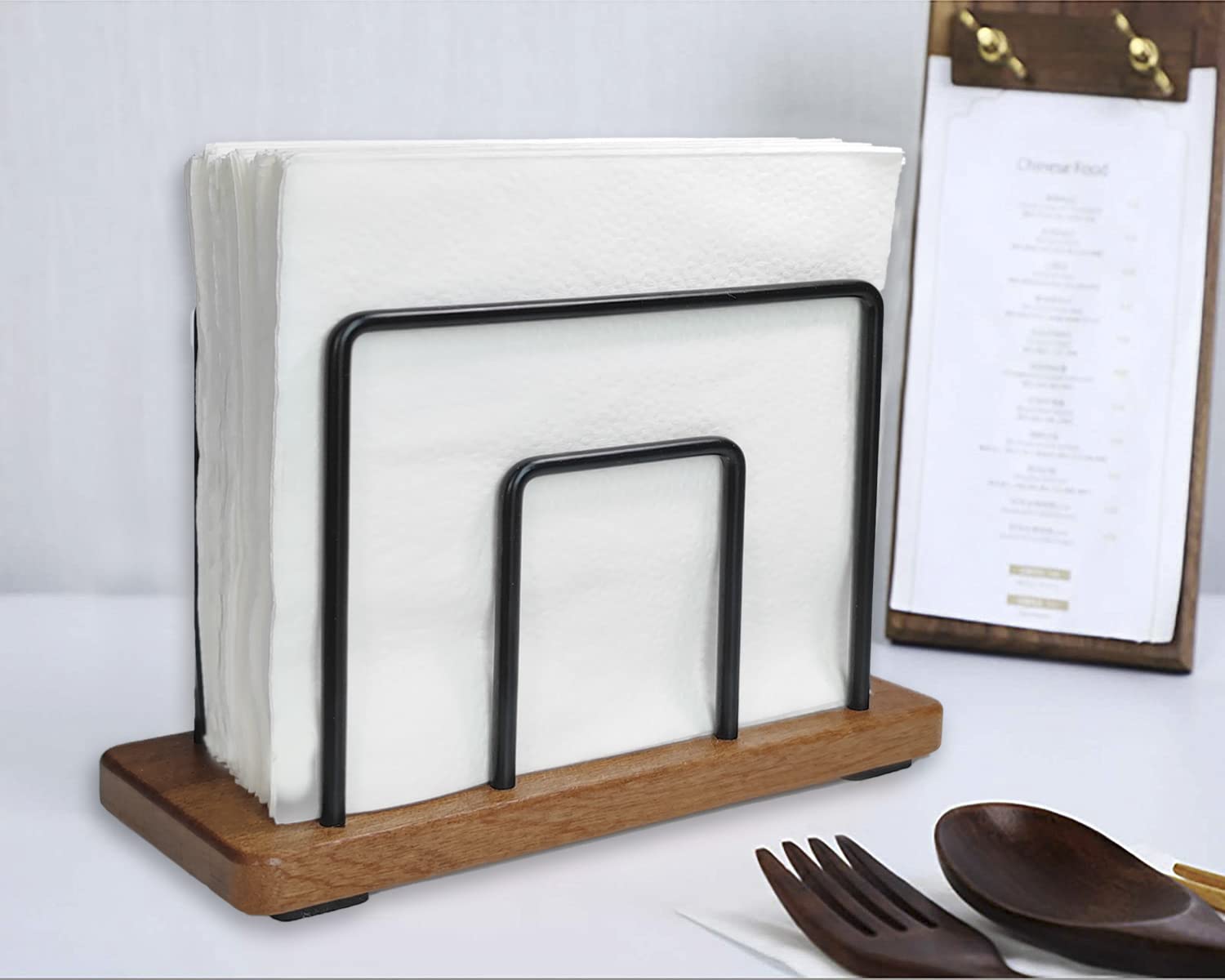 Serviettenhalter aus Metall & Hölzerne Braune Serviettenspender für Tisch Küchenzubehör – Restaurantdekoration Barzubehör und Dekoration (Schwarz)