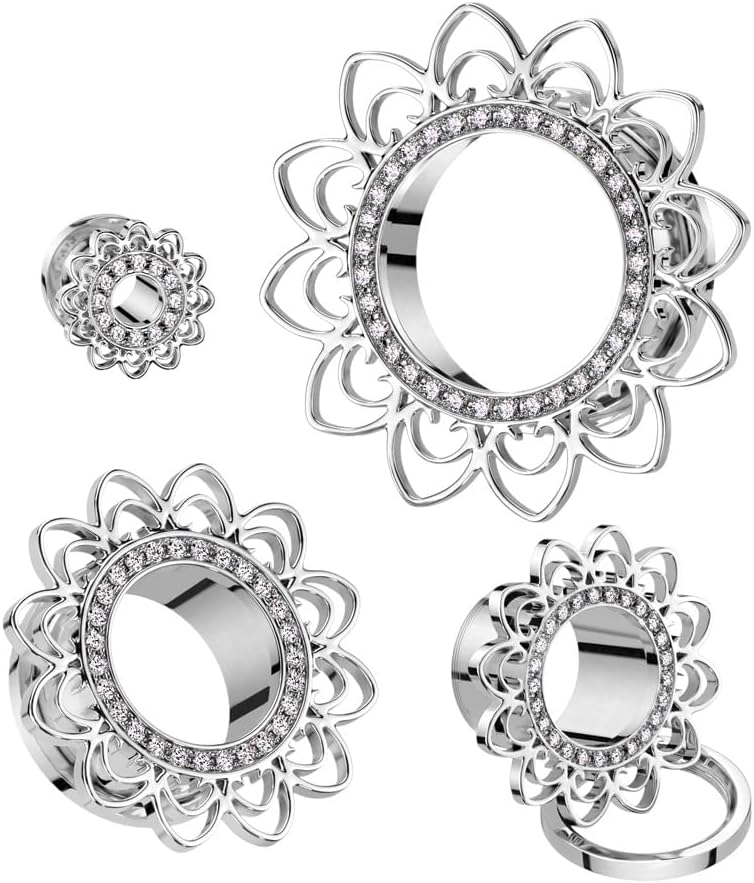 Pierced Owl 316L Stainless Steel Heart Filigree with CZ Crystal Paved Rim Screw Fit Tunnels, Sold as a Pair