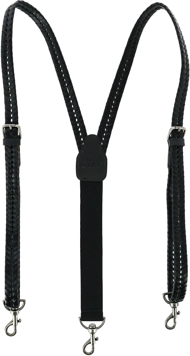 CTM Men's Coated Leather Flat Braided Suspenders with Metal Swivel Hook Ends