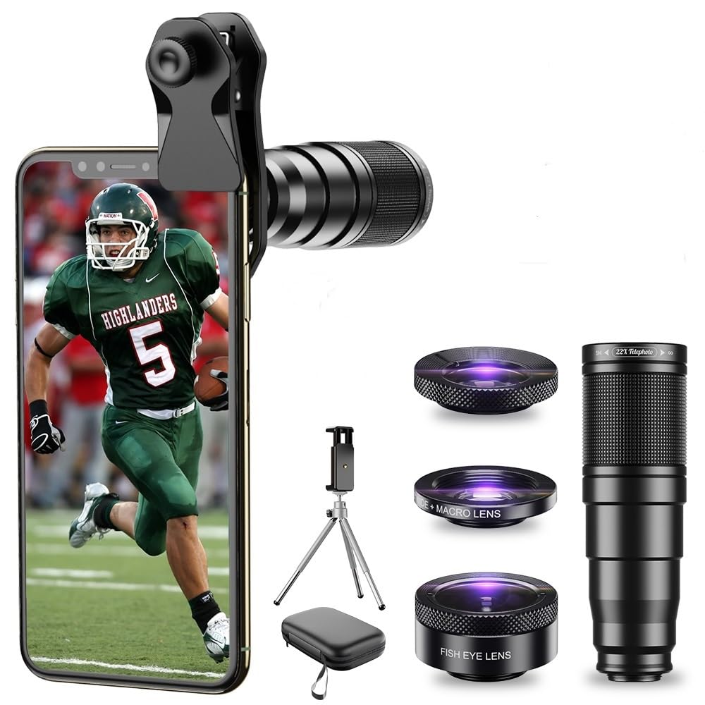 Apexel Kit di obiettivi per telefono, kit di obiettivi 4 in 1 per fotocamera, teleobiettivo 22x, obiettivo fisheye 205°, obiettivo grandangolare 120°, obiettivo macro 20x, treppiede e scatto remoto