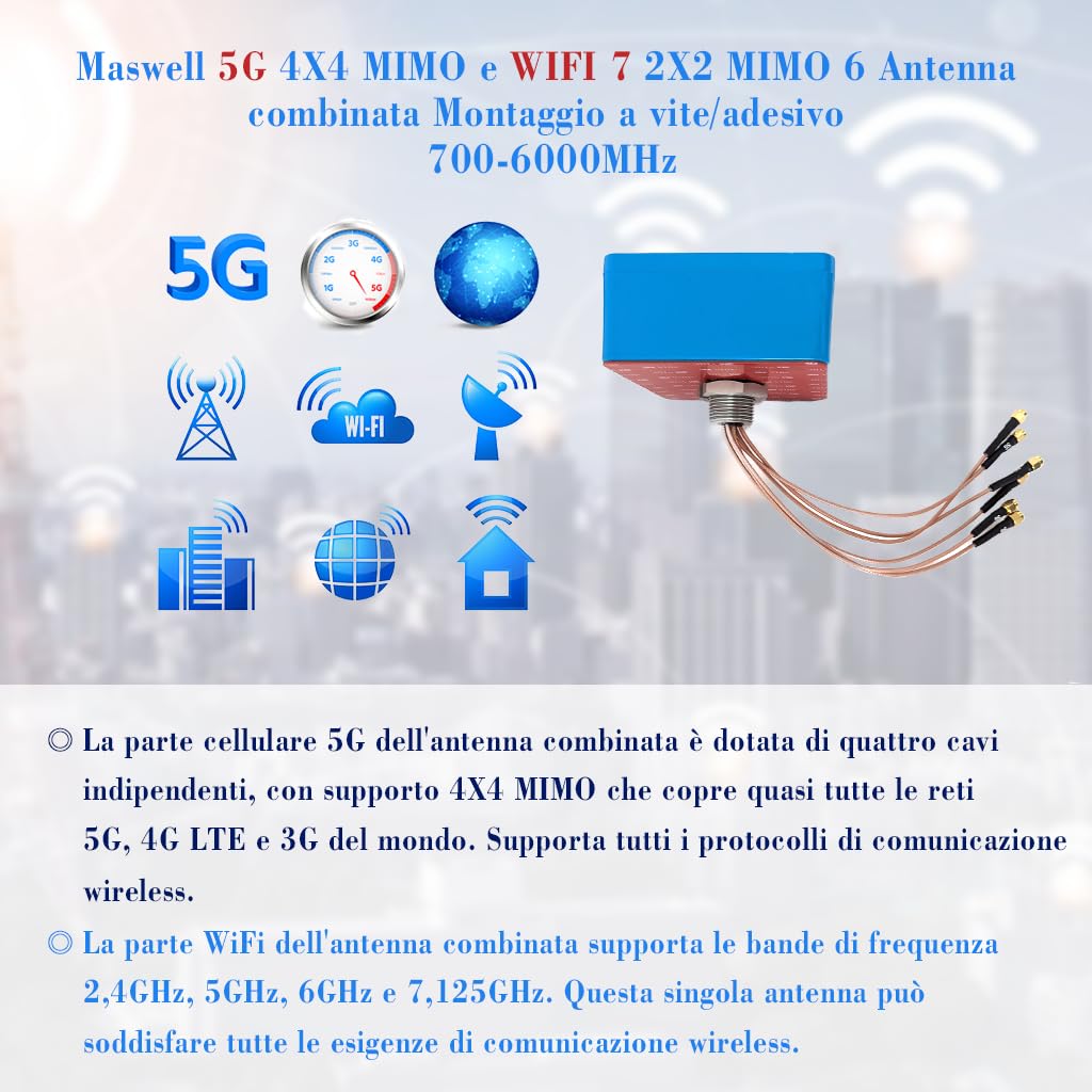 Antenna esterna Maswell 6-in-1 4X4 MIMO 5G + WiFi 7 2X2 MIMO, Basso guadagno 3dBi non adatto a gare di velocità, 700-6000 MH,con WiFi 6E, Bluetooth, WiMAX e Zigbee, SMA & RP-SMA