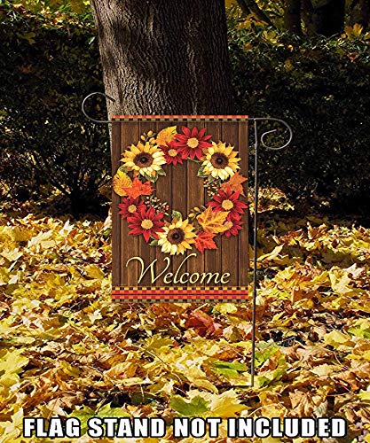Alaza Welcome Wreath Sunflower Maple Leaves Cabin Double Sided House Flag Garden Banner 28" X 40", Flowers Wreath Summer Spring Autumn Fall Garden Flags For Anniversary Yard Outdoor Decoration #TOP5