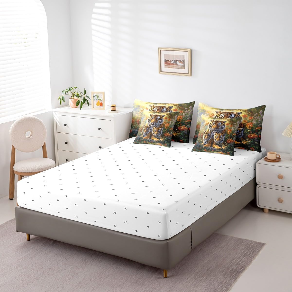 Castle Fairy 3D Tiger Family Comforter Set Twin Size,African Tropical Wild Animal Bedding Set,Watercolor Flower Botanical (Comforter+Fitted+Flat Sheet+2 Pillowcases+2 Throw Pillow Covers) 7 Pieces