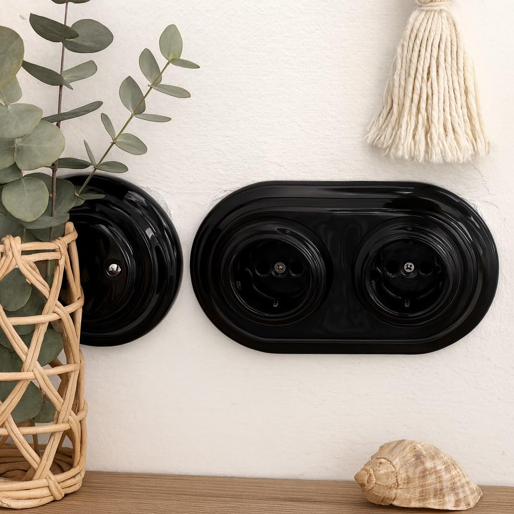 Unterputz Porzellan Retro Doppelschalter, 2-fach, All-in-One, Serie PR1 schwarz