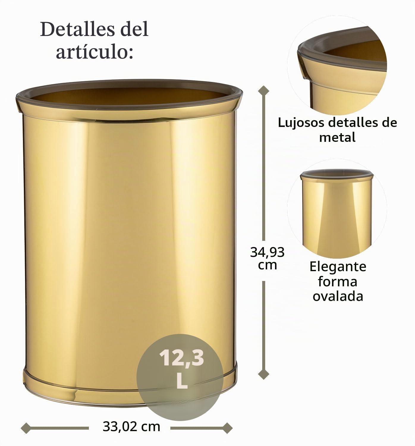 Kraftware Polished Brass Designer 14” Oval Wastebasket for Home & Office (76074)