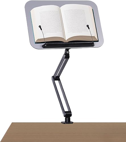 Miniatura 15 de ASIEIT Soporte de acrílico para libros con almacenamiento, soporte ajustable para libros con bases giratorias de 360° y clips elásticos para