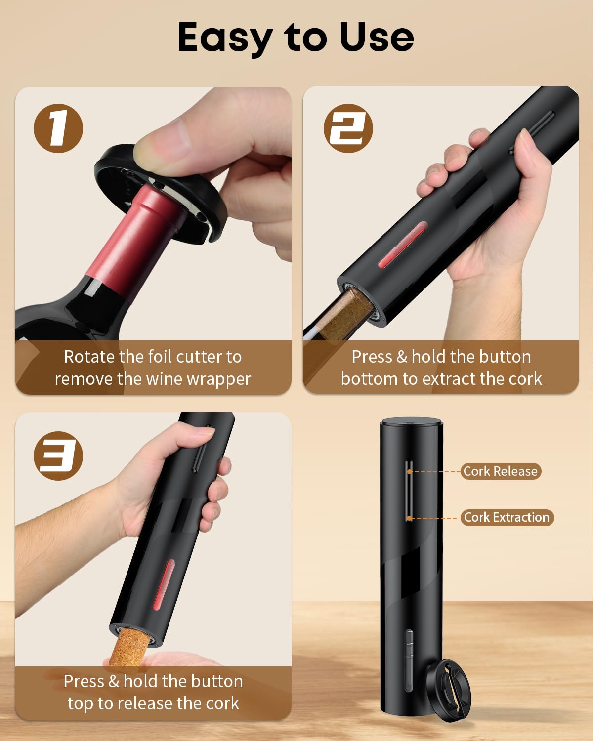 Pawfly Apri bottiglie Elettrico Ricaricabile con Tagliafoglio Cavatappi Automatico USB-C Luce LED Apribottiglie Vino