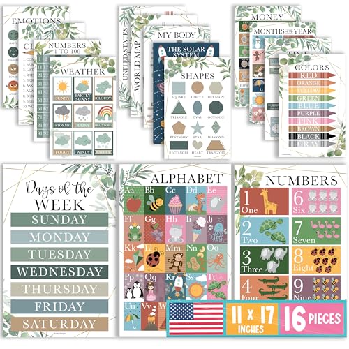 Image of Hadley Designs 16 Educational Posters for Toddlers 1-3 - Learning Poster for Kids Ages 3-5, Alphabet Chart Playroom Homeschool Daycare & Classroom Decor, Kindergarten & Preschool Classroom Must Haves