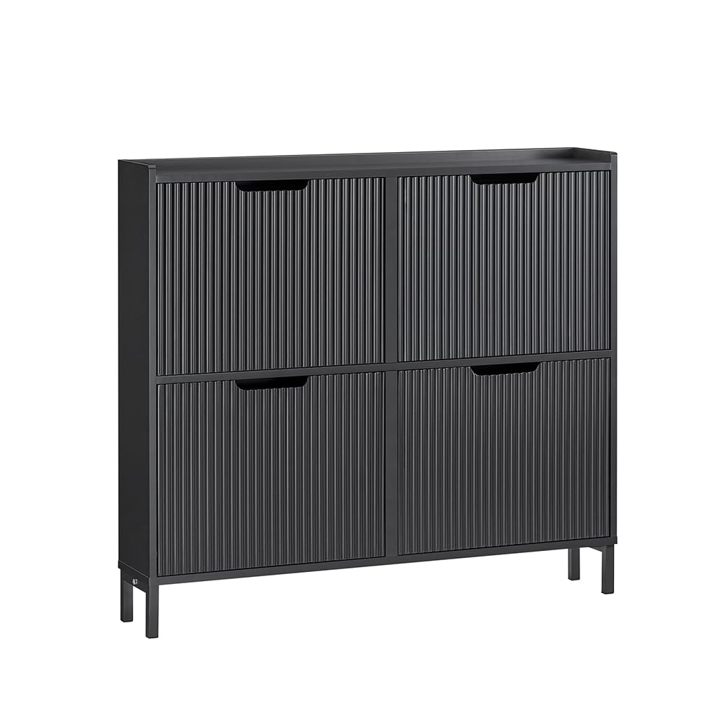 SoBuy Fluted Shoe Cabinet 4 Drawers, Narrow Shoe Storage Organizer for Entryway Black, Thin Free Standing Shoe Rack Porch Front Door, FSR177-L-SCH
