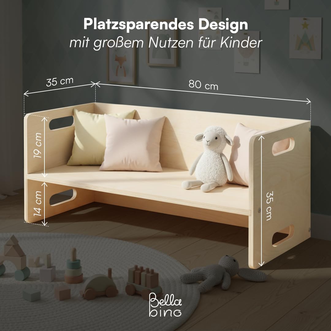 Bellabino Aki Kindersitzbank - 2in1 Kinderbank/Kindertisch aus Holz Natur - Montessori Wendebank für Kinderzimmer - multifunktionaler Kinderhocker mit 3 Sitzhöhen aus Birke - Hocker 80 x 35 x 35 cm