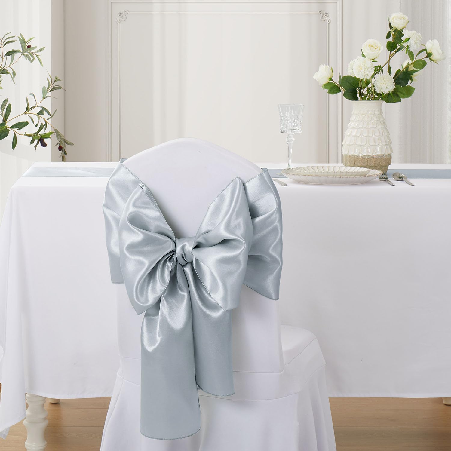 12 Pack Silver Table Runner 12x108 Inches Long, Satin Silk-Like Smooth Table Decor for Wedding Birthday Party