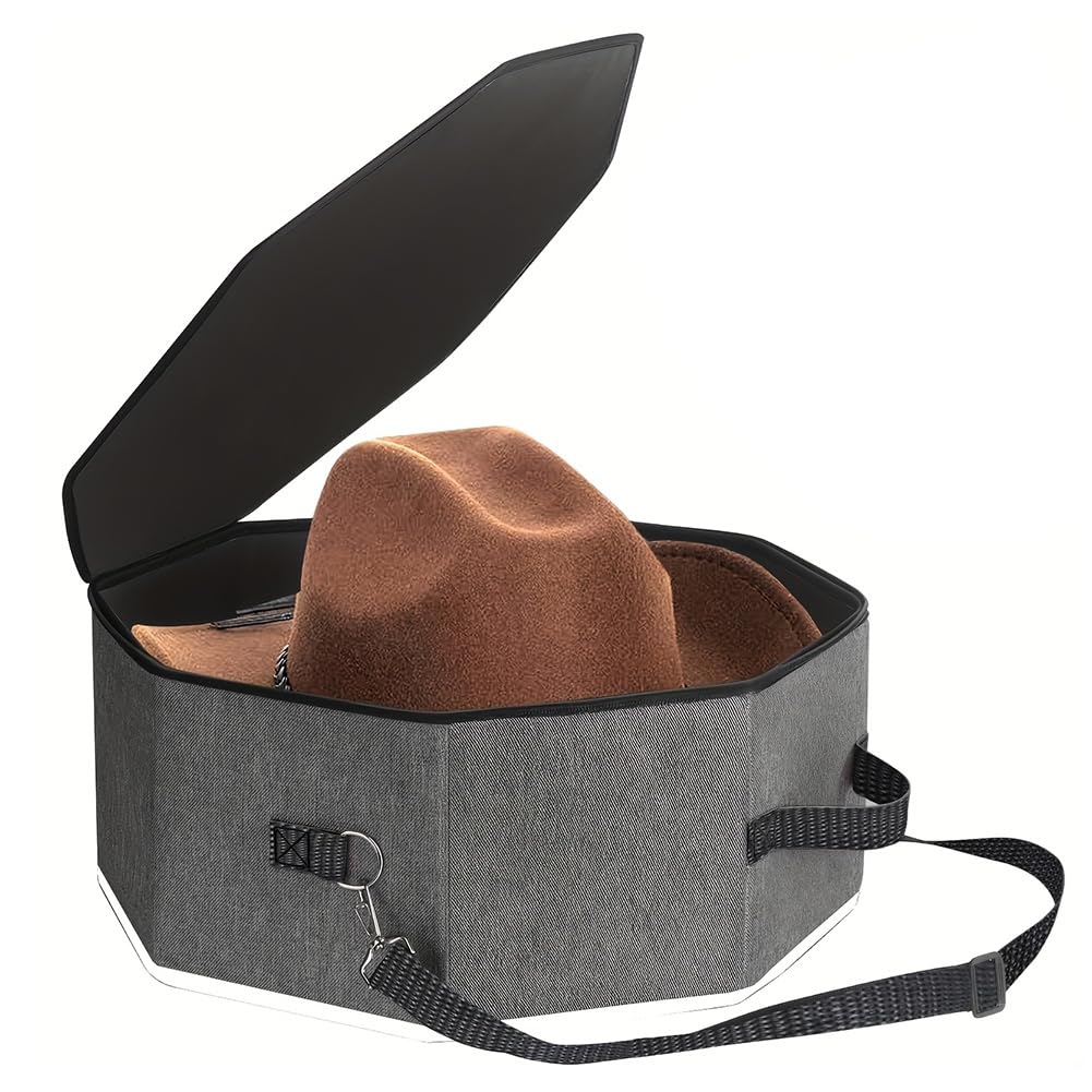 UDSKNV[KSL Foldable Octagonal Hat Box with Hinged Lid in Heavy-Duty Fabric for Wide-Brimmed Cowboy Hats Grey