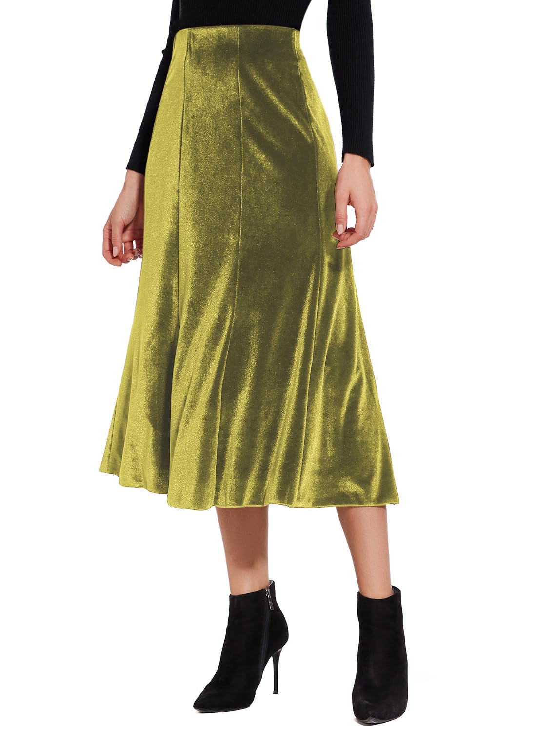 Womens Elegant Vintage Velvet Midi Skirt Flowy 8-Panel Design