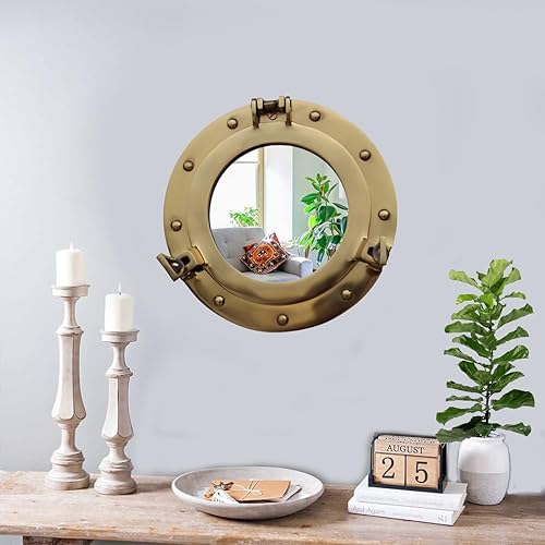 Miniatura 8 de The Metal Magician Espejo de ojo de buey de decoración náutica, latón pulido, espejo de pared de 10 pulgadas para decoración del hogar, decoración