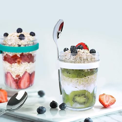 Miniatura 7 de Creamhoo Recipientes de avena con tapas y cuchara, tarros de avena de vidrio grueso para la noche, paquete de 4 tarros herméticos de gran capacidad