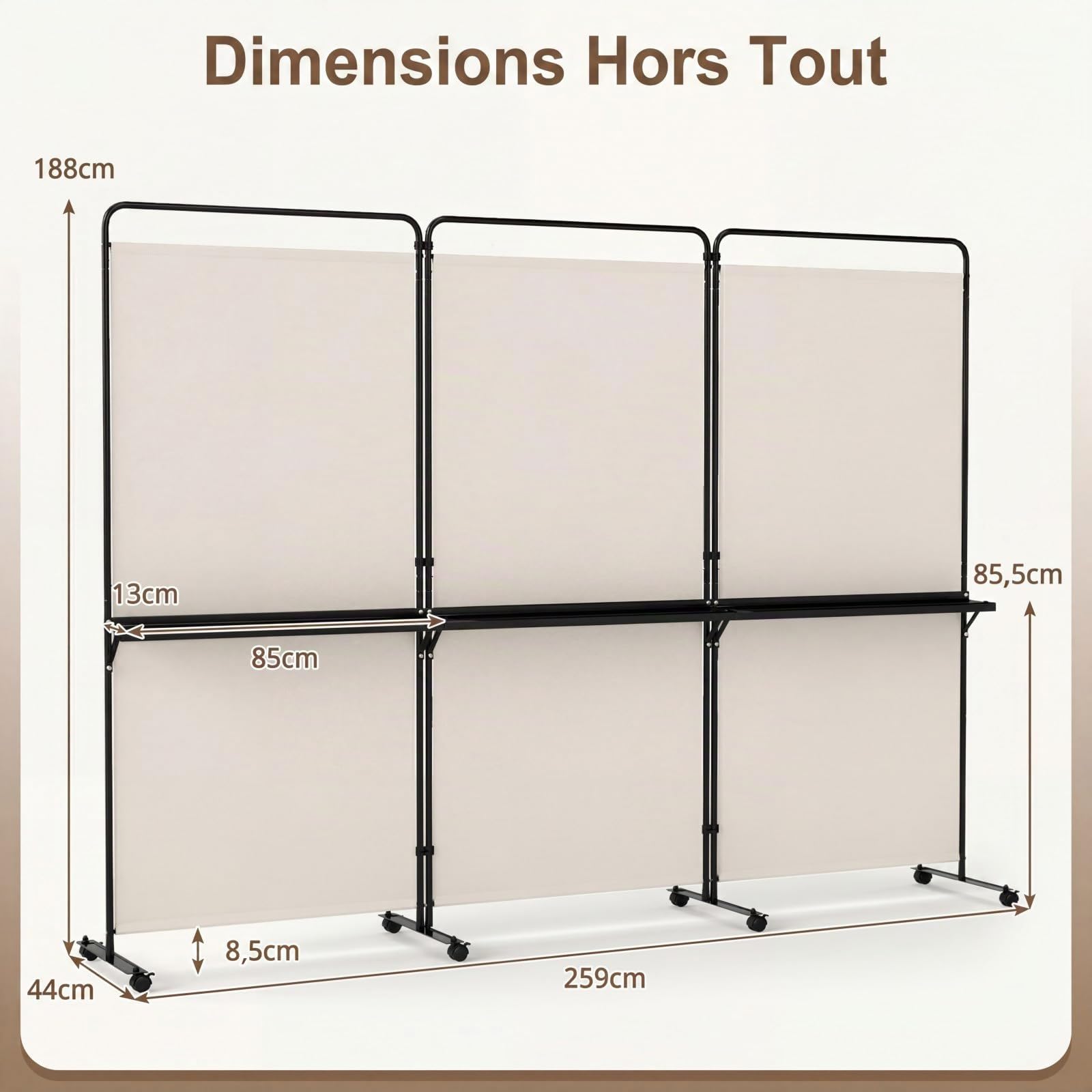 COSTWAY Paravent Interieur 3 Panneaux 259x188cm, 3 Étagères en Métal, Blanc