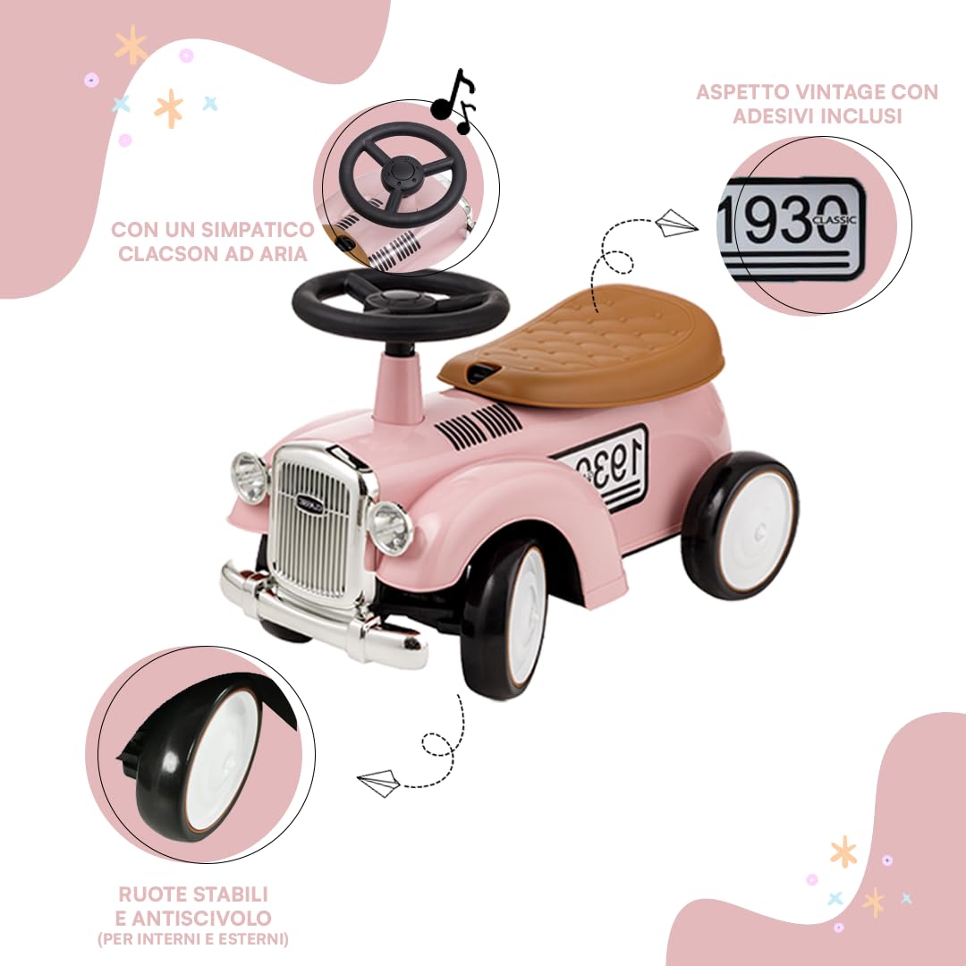 Baroni Toys Macchina Ride-On Vintage per Bambini dai 12 ai 36 Mesi, Baby Car con Clacson ad Aria, Vano Portaoggetti, Manubrio Sterzante e Ruote Stabili per Imparare a Camminare, 25x59x35 cm, Rosa