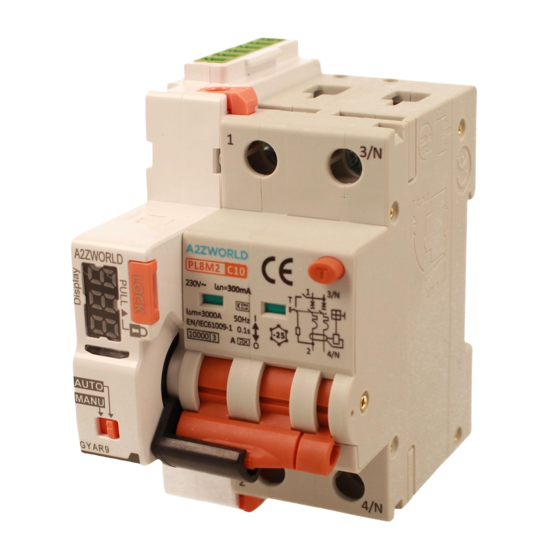 Interruttore Magnetotermico Differenziale Con Riarmo Automatico, RCBO Tipo A Curva C, Idn 300mA / 0.3A, In 20A, 2P Veri 6kA, 3 Moduli, con 3 Tentativi di Riarmo (10s/60s/300s)